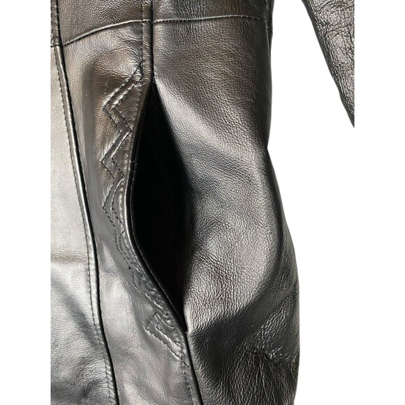 Women's Long Black Leather Trench Coat Faux Fur Trim Excelled Collection Size L - Picture 6 of 12